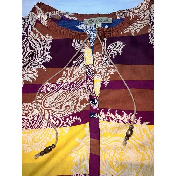 Democracy Top Tunic Plus Size 1X Paisley Multicolored Striped Shirt Tie Beads - Picture 2 of 11